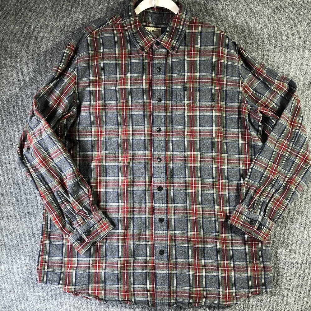 LL Bean Flannel Shirt Men XLT Slightly Fitted Gray Tartan Scotch Plaid Outerwear
